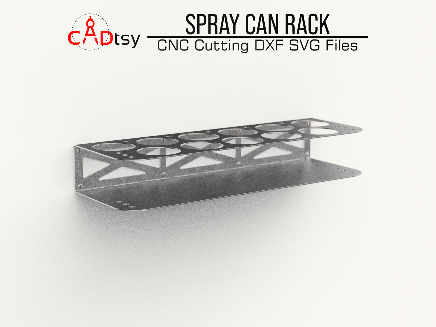 Spray Can Rack DXF SVG Laser Plasma Cutting Files - A workshop tool organizer designed to hold 11 spray cans, shown with precision CNC cutting patterns in DXF and SVG file formats.