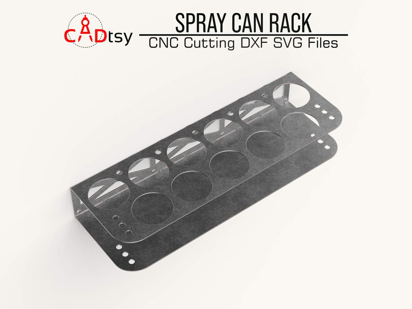 Spray Can Rack DXF SVG Laser Plasma Cutting Files - A workshop tool organizer designed to hold 11 spray cans, shown with precision CNC cutting patterns in DXF and SVG file formats.