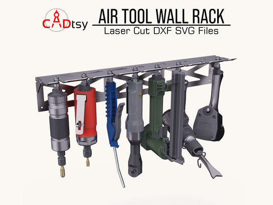 Durable air tool wall rack designed for efficient space management, featuring DXF and SVG files for CNC laser or plasma cutting, perfect for organizing and holding various pneumatic tools in workshops or garages