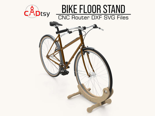Sturdy wooden bike floor stand in a sleek design, suitable for holding bicycles securely, CNC-ready DXF file format, perfect for plywood or wood construction, including PDF drawings and SVG pattern plans.