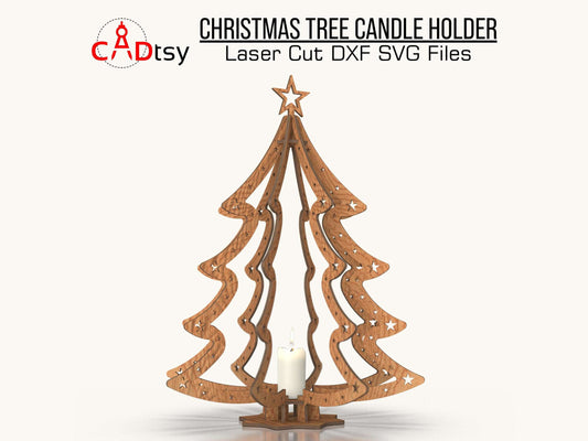 Festive Christmas tree-shaped plywood candle holder with star cut-outs, designed for CNC laser cutting, available as a digital download in DXF and SVG formats, perfect for holiday decor