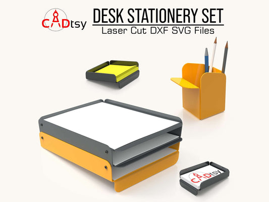 Metal laser plasma CNC DXF SVG cut desk stationery set: stackable paper tray, pen holder, sticky note holder, and business card holder. Stylish, modern office organization