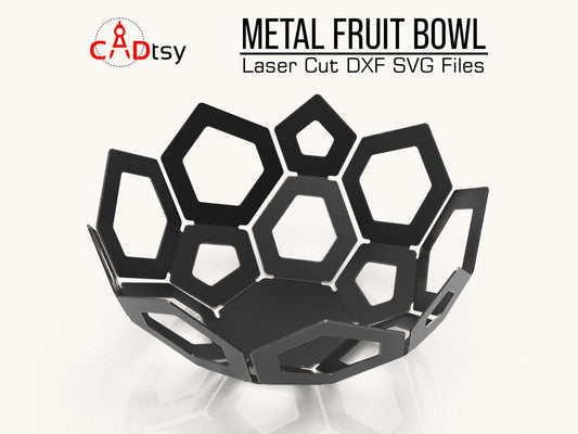 Modern hexagon-patterned metal fruit bowl, precision designed with laser and plasma cut DXF and SVG files, serving as both functional kitchenware and contemporary kitchen decor.