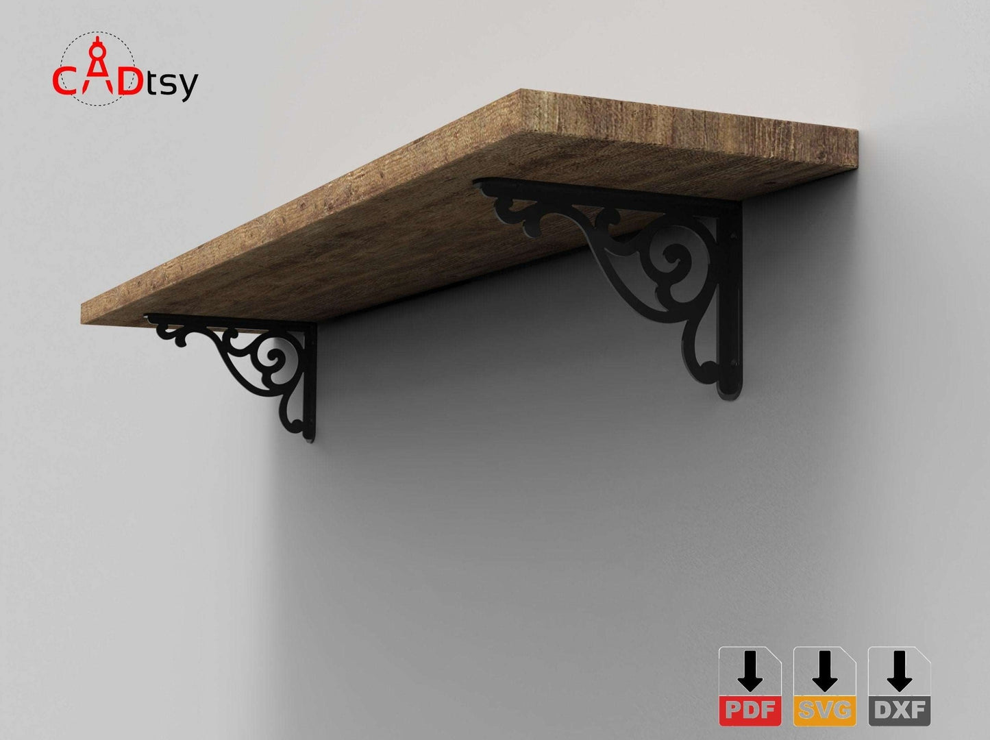 A pair of decorative metal shelf brackets, made from a DXF file, shown mounted on a wall, ready to support a shelf.