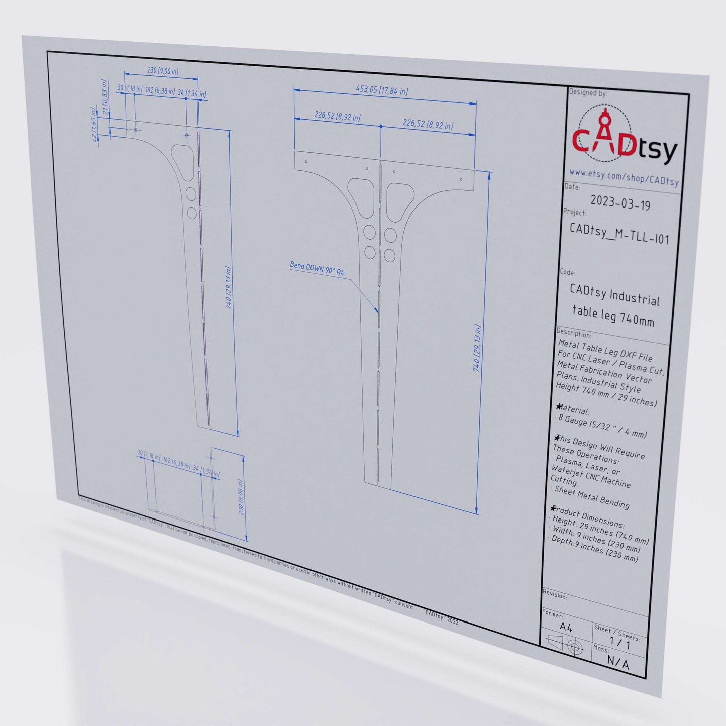 Industrial Table Metal Leg DXF SVG Files, Cnc Laser Plasma Pattern. Sheet Metal Bending PDF Drawings. Height 740 mm (29")
