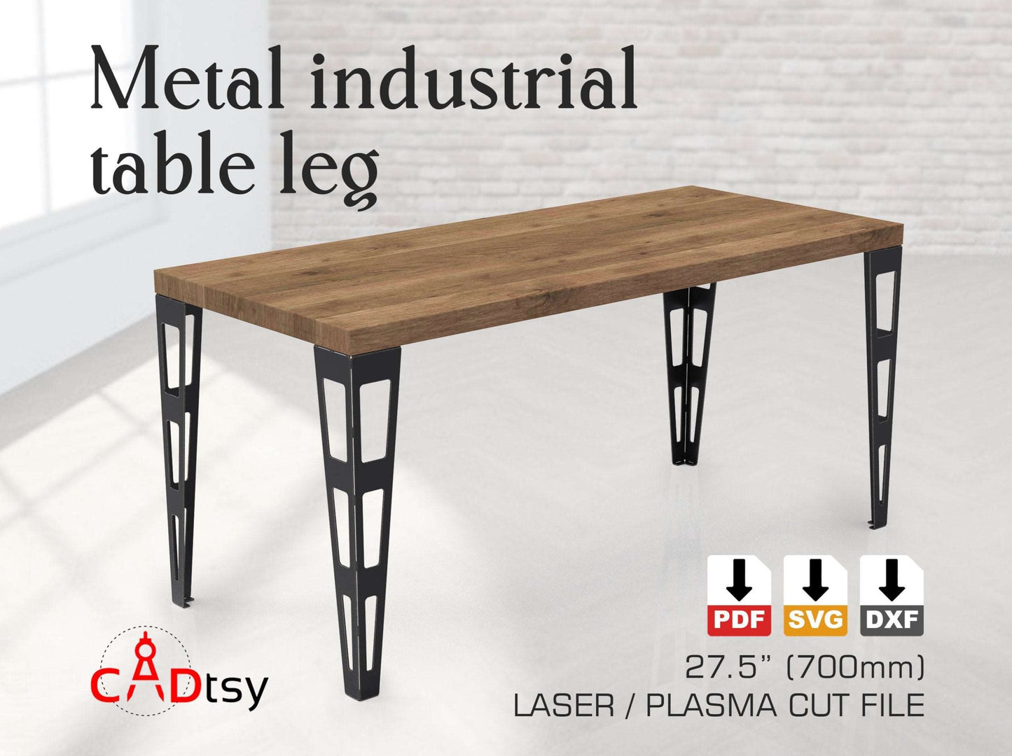 A single, 27.5-inch tall industrial-style metal table leg, made from a DXF file, shown ready to be attached to a tabletop.