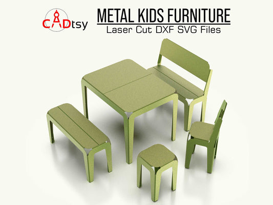 Outdoor metal CNC laser/plasma cut set for kids: table, bench, backrest bench, stool, and backrest stool. Modern style, heavy-duty design. Perfect for a patio or garden, combining style and durability for children&#39;s outdoor furniture.