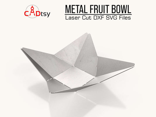 Geometric origami-inspired metal fruit bowl, available as a plasma laser cutting DXF file for instant download, with accompanying SVG CNC plans for stylish home or patio decor.