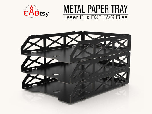 Industrial-style metal paper tray for document organization, designed for A4 or Letter size, available in DXF and SVG files for CNC laser or plasma cutting, featuring a detailed vector pattern.