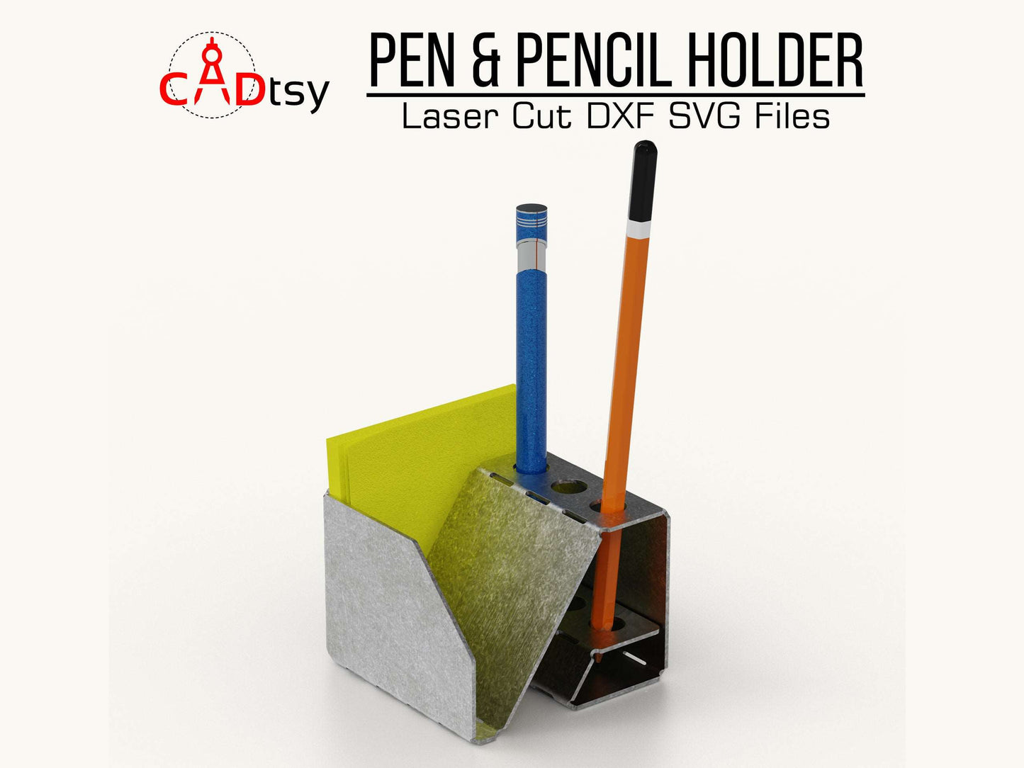 A sleek metal pen holder, made from plasma dxf files, shown on a desk holding several pens.