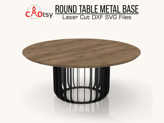 Elegant industrial-style round table with metal base, precision laser/plasma cut DXF and SVG files for fabrication, featuring a sleek black stand and a wooden tabletop, 710mm in height or 28 inches, available for CNC crafting with vector plans