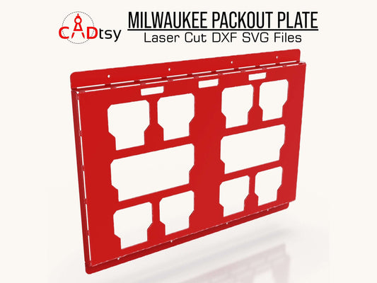 Milwaukee Packout Plate digital rendering, showcasing a metallic grey CNC laser-cut mounting plate with square and rectangle patterns, available in DXF and SVG file formats for CNC fabrication