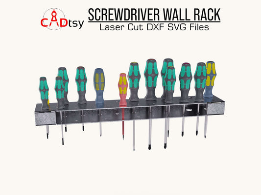 Space-saving screwdriver wall rack, precisely crafted for CNC cut laser or plasma pattern, provided in DXF and SVG files, ideal for workshop and garage tool organization.