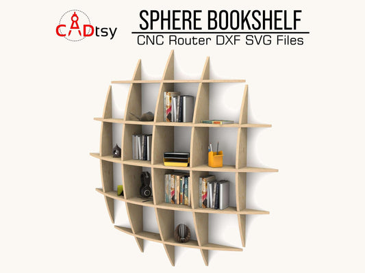 Innovative sphere bookshelf with a parametric waffle design, available in DXF and SVG files for CNC router cutting, showcasing a stylish and functional vector pattern for wall shelving solutions.