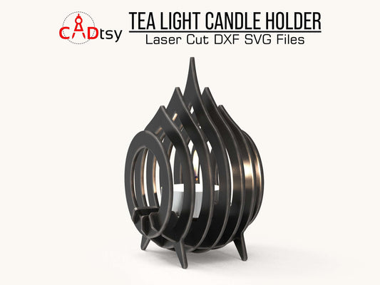 Steampunk-inspired metal tea light candle holder with a retro industrial design, presented as CNC-ready laser cut DXF and SVG files, suitable for 38 mm / 1.5-inch tea lights