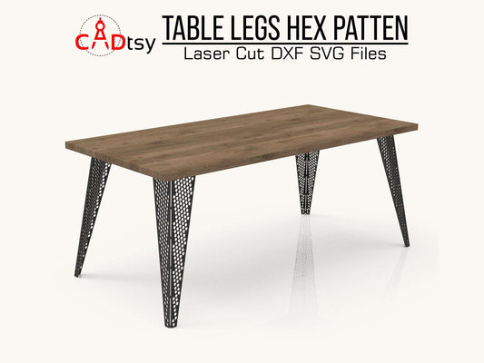 Modern wooden table with intricate hexagonal pattern metal legs, showcasing CNC laser cut DXF and SVG files, ideal for plasma cutting projects at 713 mm height.