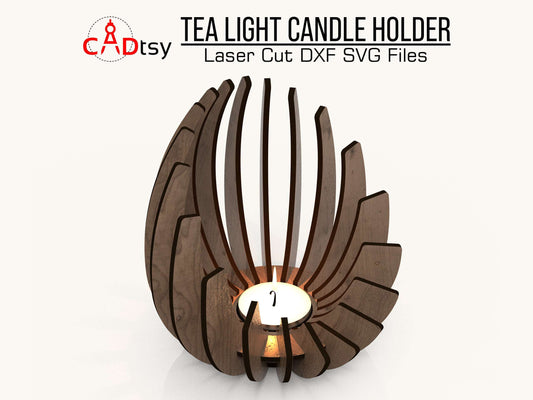 Elegant wooden tea light candle holder designed for laser cutting, compatible with SVG file format for Cricut and Glowforge, featuring a lamp-like CNC DXF pattern