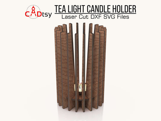 Contemporary wooden tea light candle holder with a vertical slatted design, available as laser cut SVG and DXF files, perfect for Glowforge and Xtool crafting, adding a touch of elegance to home decor