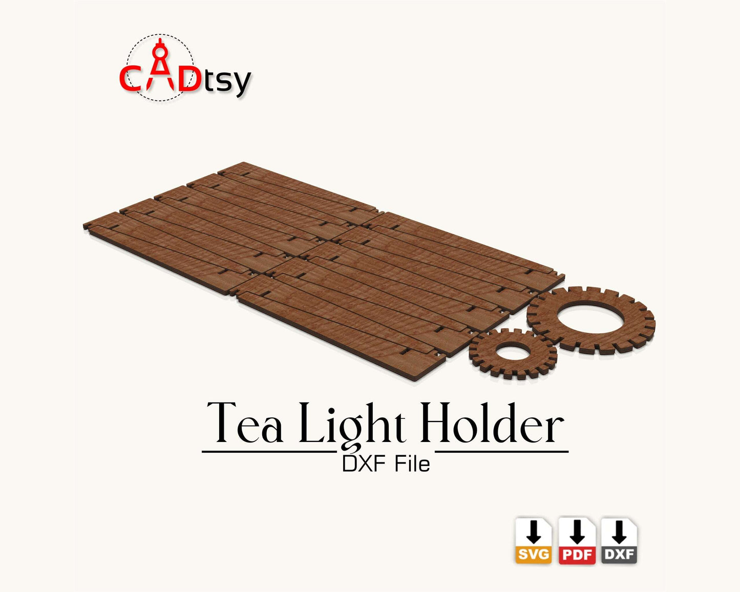 CADtsy Tea Light Candle Holder parts. Laser cut wooden brown plywood candlestick Lamp. Cylinder-shaped decor for a cozy home interior