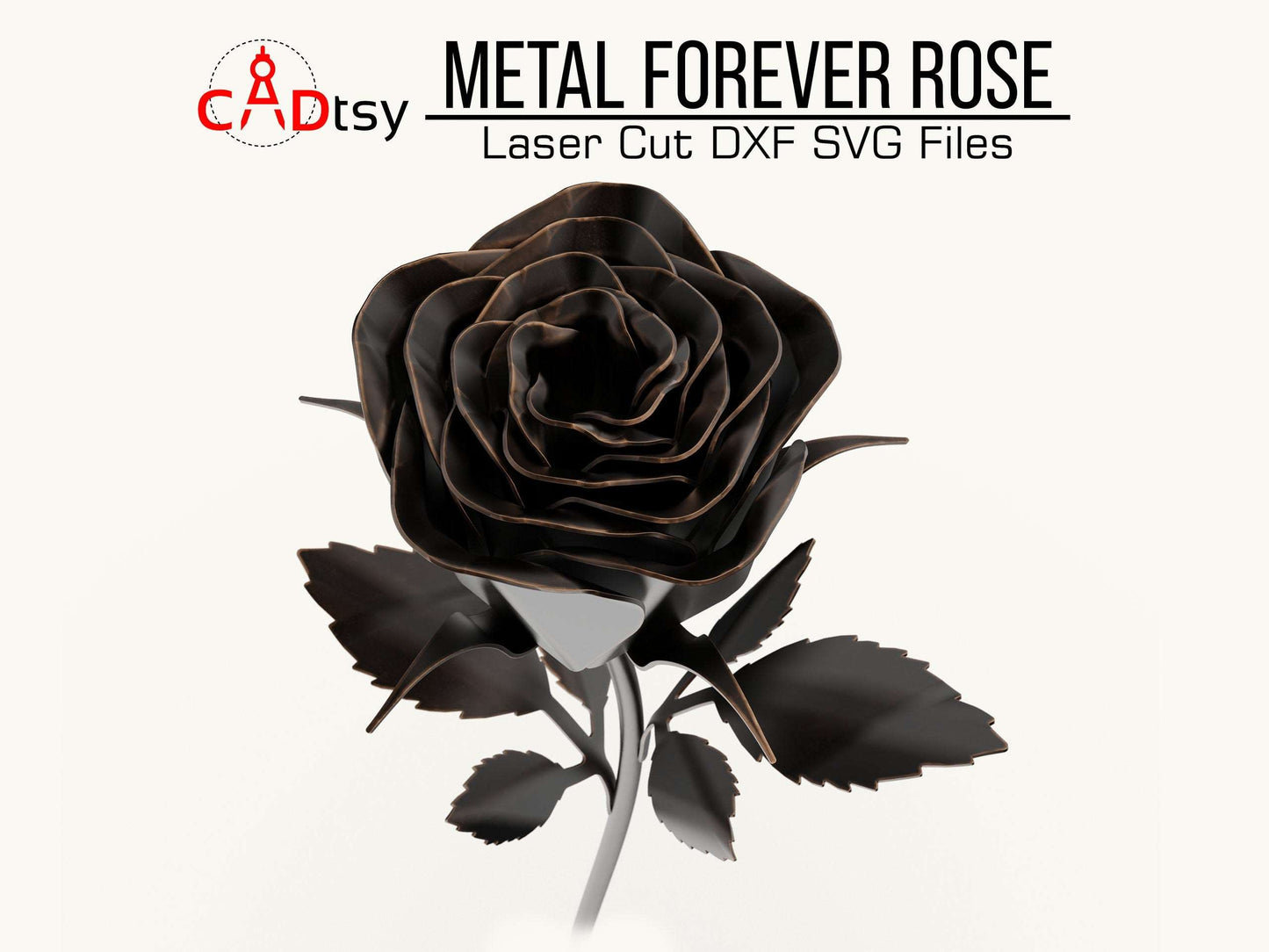 Close-up of a 3D metal rose model with intricate petal details, highlighting the METAL FOREVER ROSE; for laser cutting, provided in DXF and SVG file formats