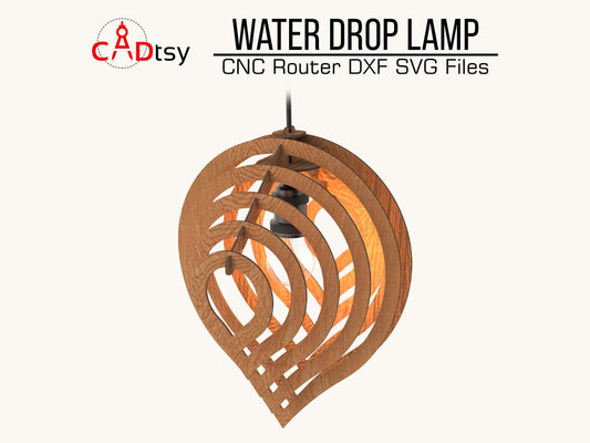Artistic wooden lamp with a water drop-inspired shade, available in SVG and DXF cut files for laser cutting, featuring a unique vector pattern suitable for Glowforge and Xtool machines.