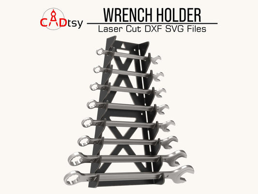 Streamlined wrench holder and spanner rack, provided as DXF and SVG files for precise CNC laser or plasma cutting, an optimal organizer for toolboxes, garages, and workshops.