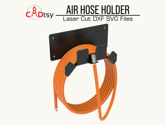 Wall-mounted air hose holder with a sleek design, including DXF and SVG files for laser or plasma CNC cutting, doubling as an extension cord rack for efficient workshop tool organization