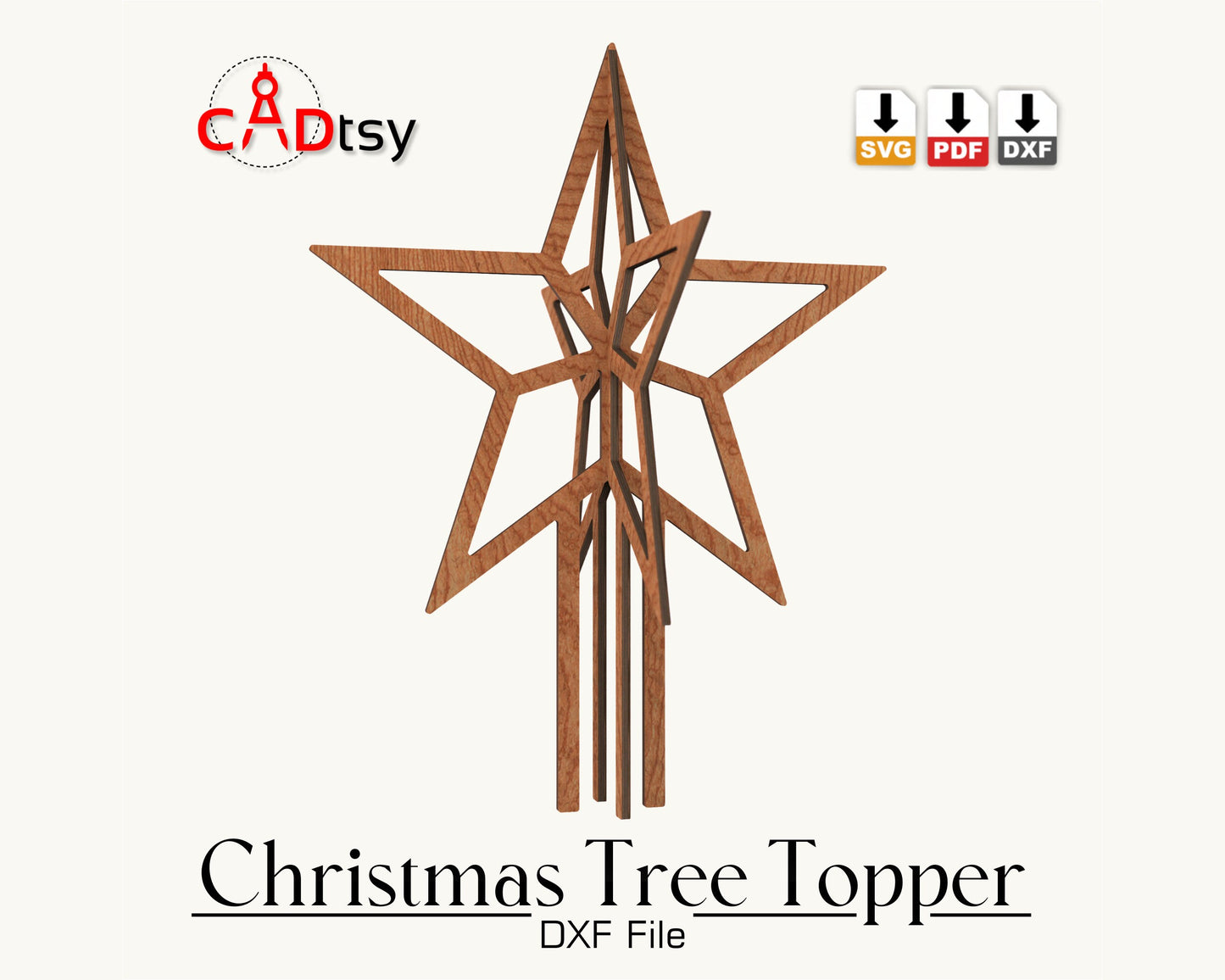 CADtsy Christmas Tree Topper Star SVG Laser Cutting File, DXF Wooden Decoration, Digital Download.