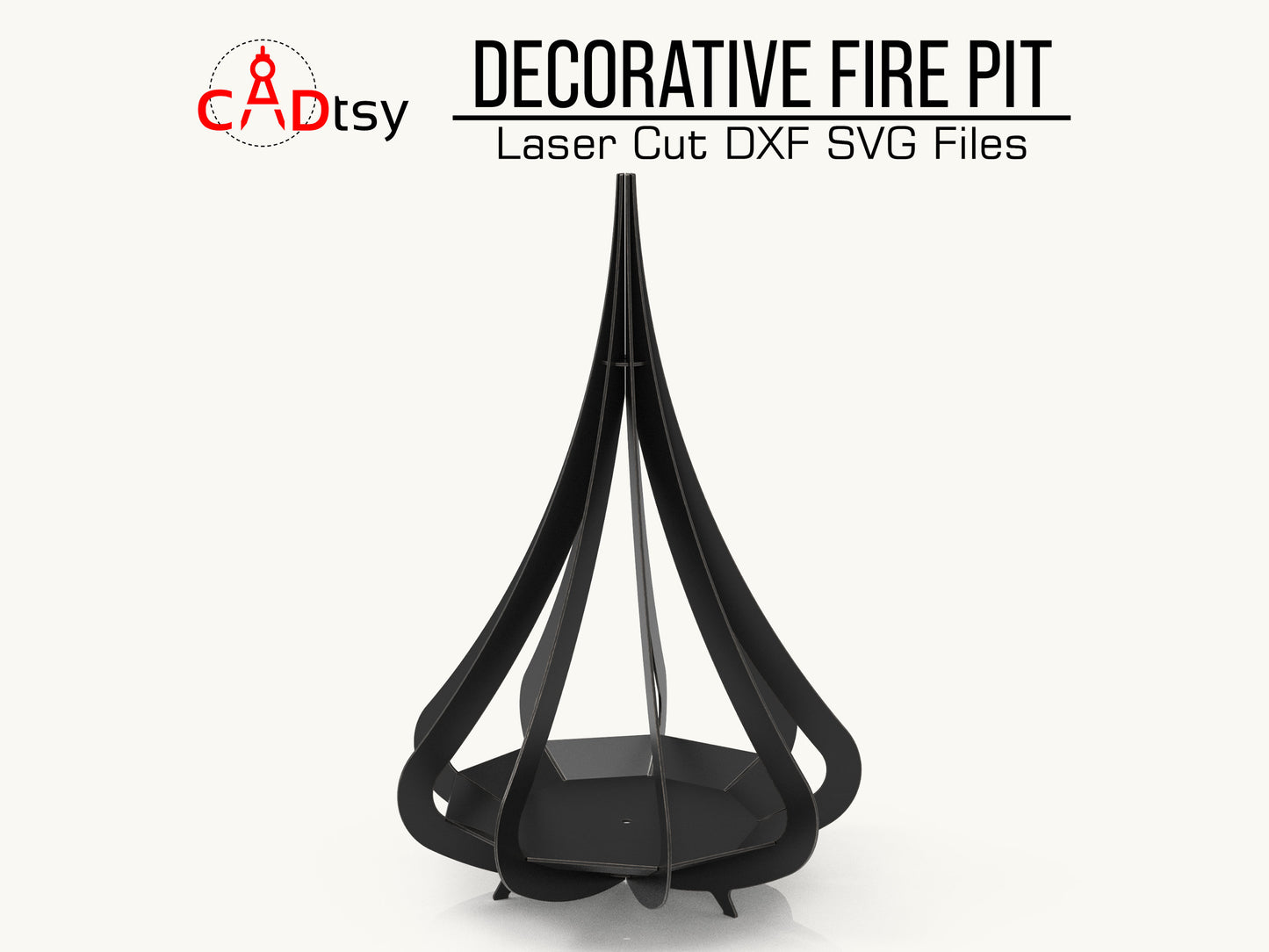 A beautiful, decorative metal fire pit, made from a DXF file, glowing with a warm fire on a cozy autumn evening.