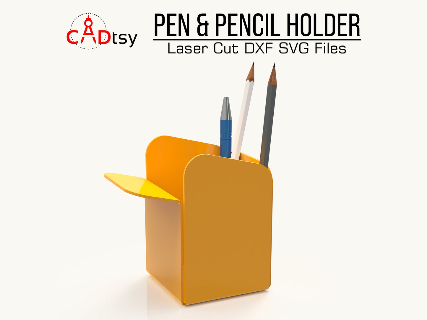 A modern, elegant metal pen holder, made from plasma dxf files, shown on a desk.