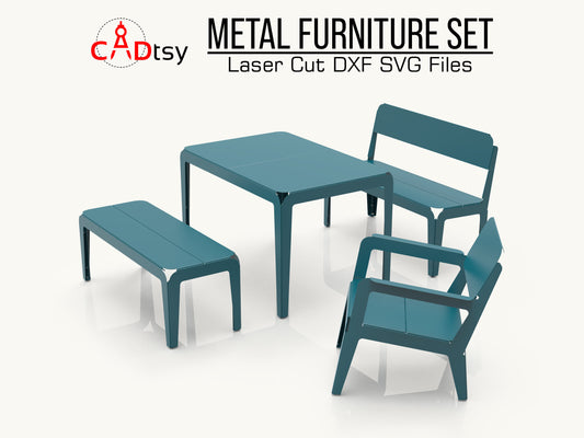 Outdoor metal CNC laser/plasma cut set: table, bench, backrest bench, and lounge chair. Modern style, heavy-duty design. Perfect for a patio or garden, offering both style and durability