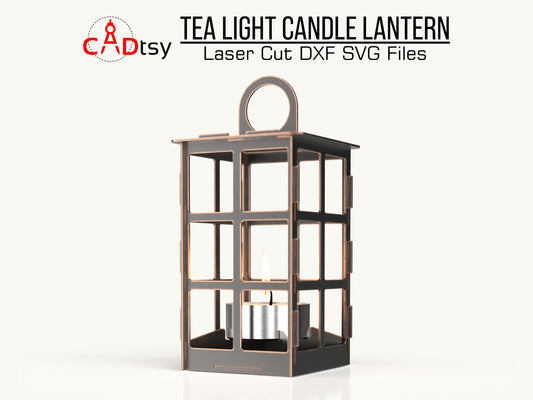 Classic tea light candle lantern with a geometric frame design, provided in SVG and DXF file formats for CNC laser cutting, compatible with Glowforge and Xtool machines, ideal for creating ambient lighting