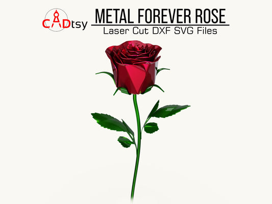 Close-up of a 3D metal rose model with intricate petal details, highlighting the METAL FOREVER ROSE; for laser cutting, provided in DXF and SVG file formats