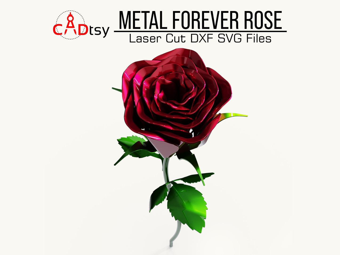 Close-up of a 3D metal rose model with intricate petal details, highlighting the METAL FOREVER ROSE; for laser cutting, provided in DXF and SVG file formats