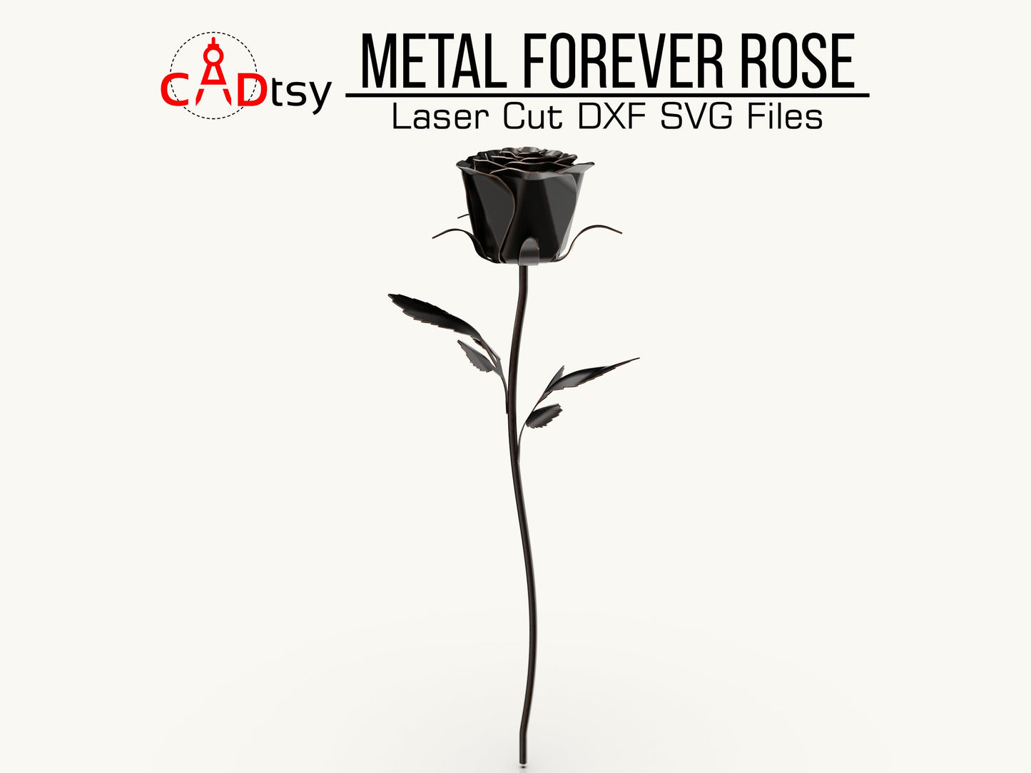 Close-up of a 3D metal rose model with intricate petal details, highlighting the METAL FOREVER ROSE; for laser cutting, provided in DXF and SVG file formats