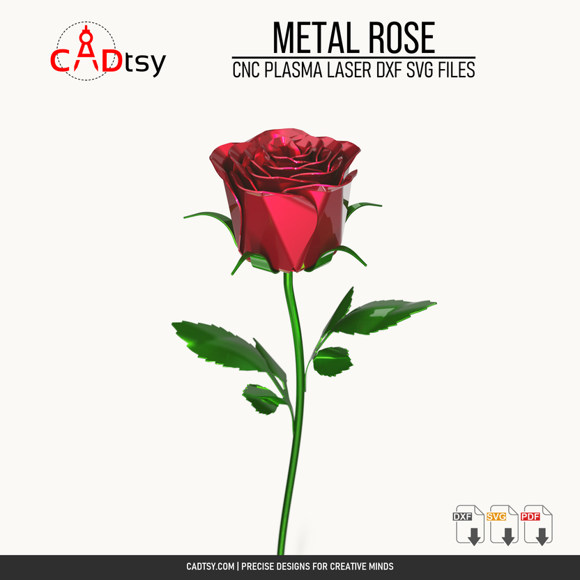 Red sheet metal rose with formed petals, stem, and leaves