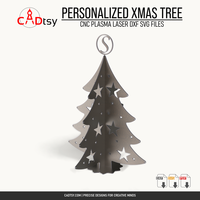 Assembled interlocking metal Christmas tree with letter S topper