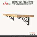 Decorative CNC-cut metal brackets installed under a wooden shelf