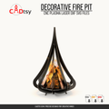 Teardrop-style decorative metal fire pit with burning logs
