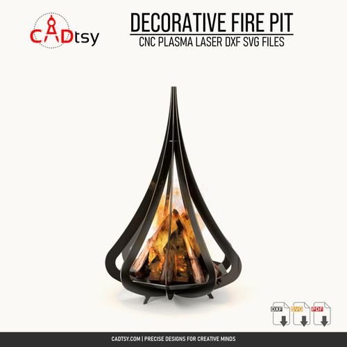 Teardrop-style decorative metal fire pit with burning logs