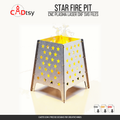Assembled star-pattern metal fire pit with flames
