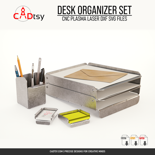 Four-piece metal desk organizer set with paper tray, pen holder, card holder, and note holder