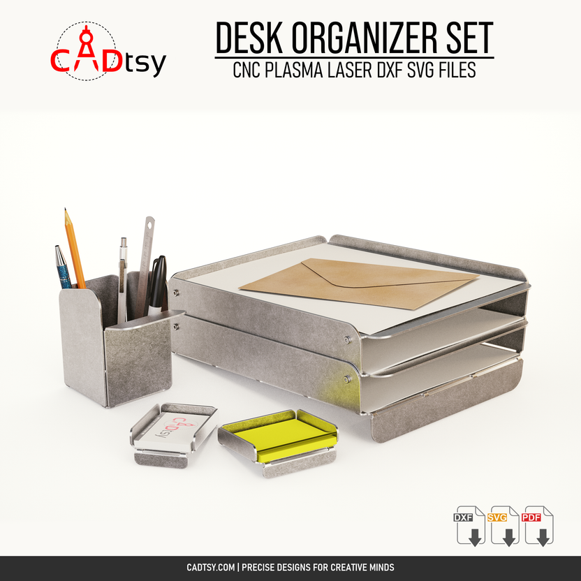 Four-piece metal desk organizer set with paper tray, pen holder, card holder, and note holder