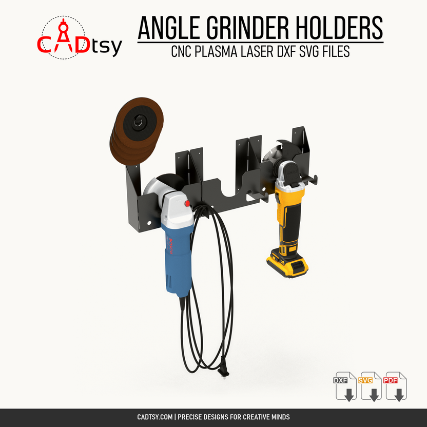 Three wall-mounted angle grinder holder designs with tools and grinding discs