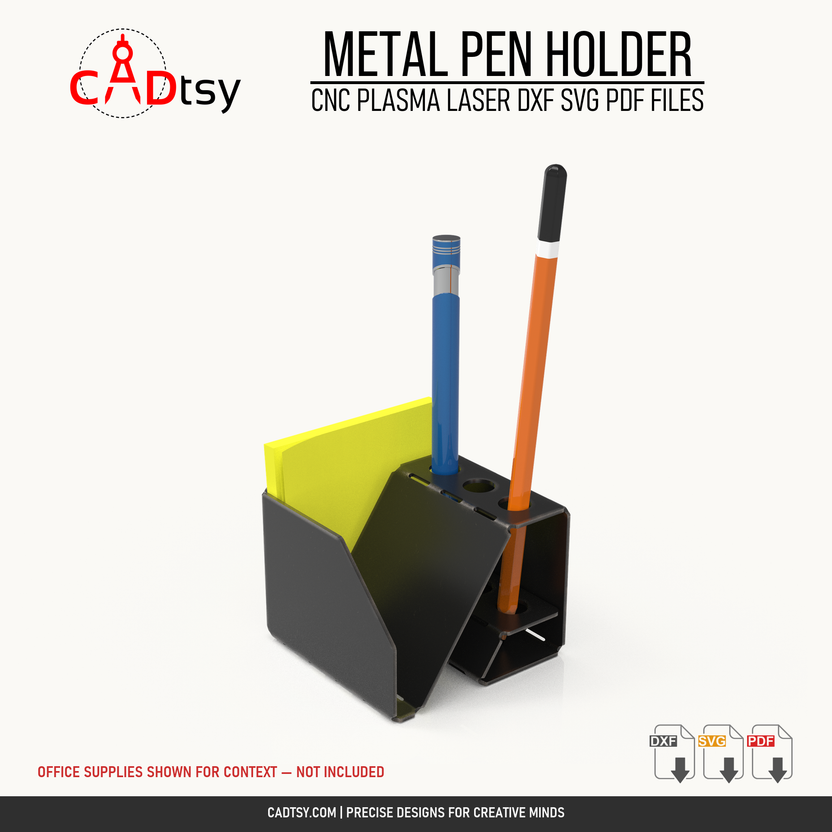 Compact bent-metal pen holder with office supplies shown for context