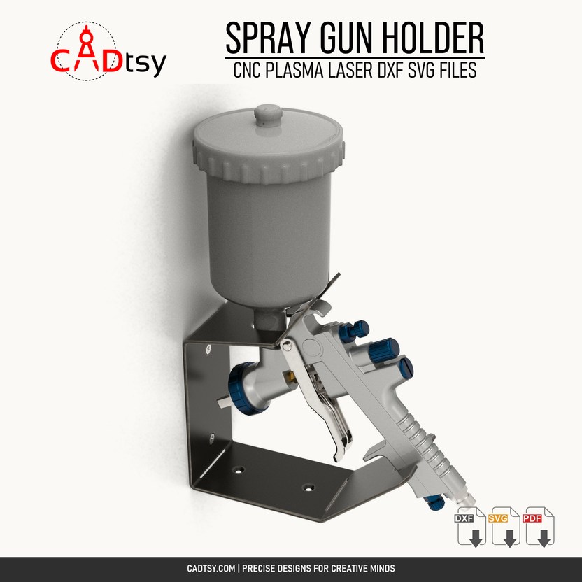 Wall-mounted metal spray gun holder supporting an HVLP paint gun