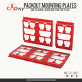 Three red mounting plates in an upright and flat arrangement