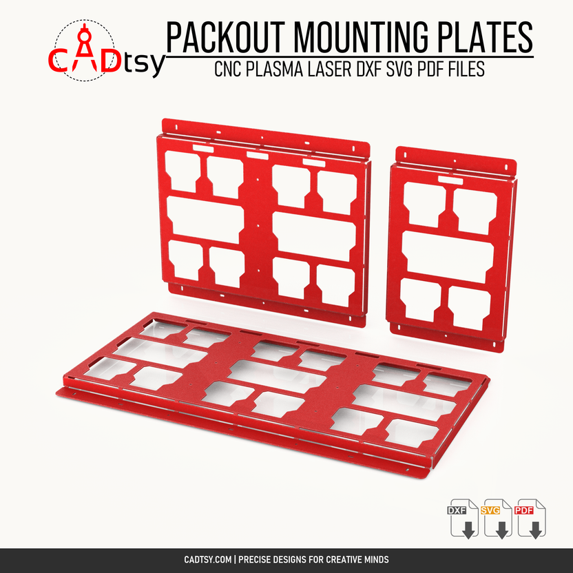 Three red mounting plates in an upright and flat arrangement