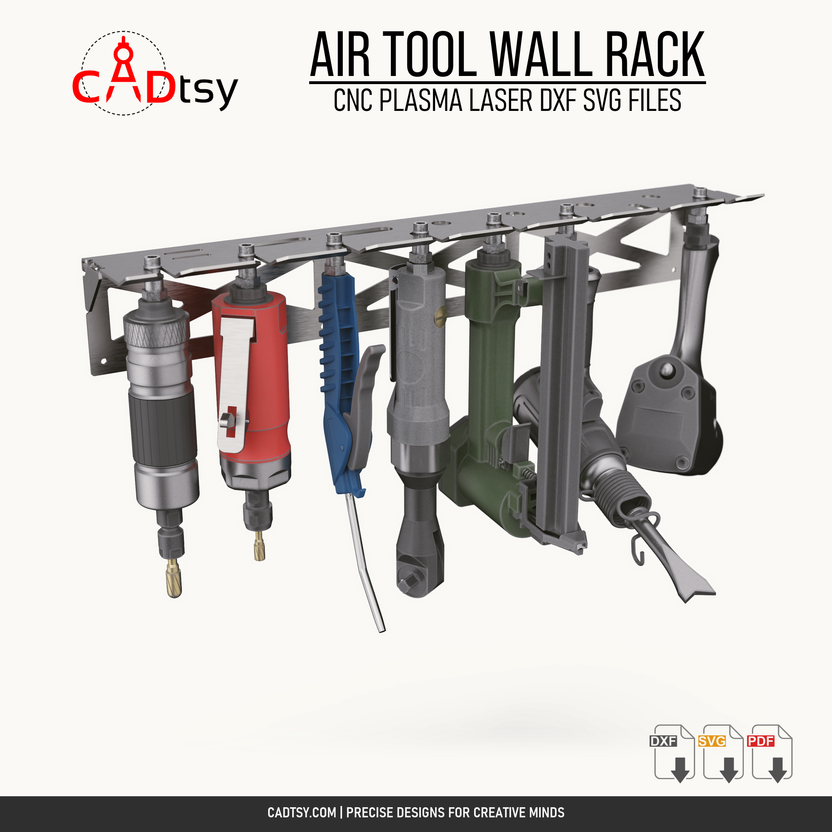 Wall-mounted metal air tool rack loaded with pneumatic workshop tools