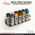 Wall-mounted metal spray can rack holding eleven cans shown for context